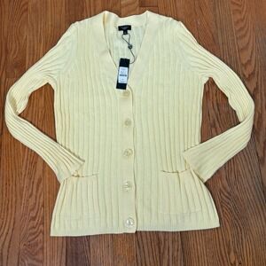 Talbots Petites Yellow Ribbed Button Front Cardigan Sweater Size L Petite NWT
